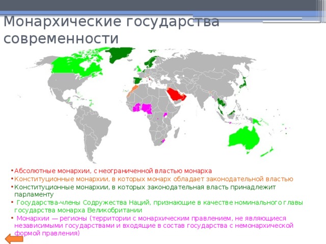 Монархические государства современности Абсолютные монархии, с неограниченной властью монарха Конституционные монархии, в которых монарх обладает законодательной властью Конституционные монархии, в которых законодательная власть принадлежит парламенту  Государства-члены Содружества Наций, признающие в качестве номинального главы государства монарха Великобритании  Монархии — регионы (территории с монархическим правлением, не являющиеся независимыми государствами и входящие в состав государства с немонархической формой правления) 