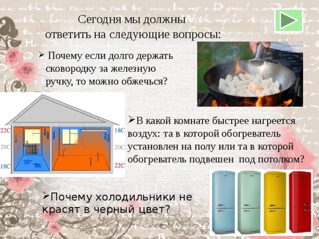 Сегодня мы должны  ответить на следующие вопросы:  Почему если долго держать сковородку за железную ручку, то можно обжечься?  Почему если долго держать сковородку за железную ручку, то можно обжечься? В какой комнате быстрее нагреется воздух: та в которой обогреватель установлен на полу или та в которой обогреватель подвешен под потолком? Почему холодильники не красят в черный цвет? 