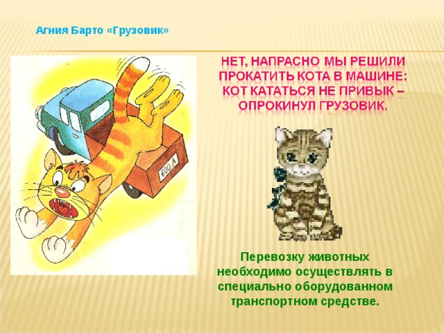 Агния Барто «Грузовик» Перевозку животных необходимо осуществлять в специально оборудованном транспортном средстве. 