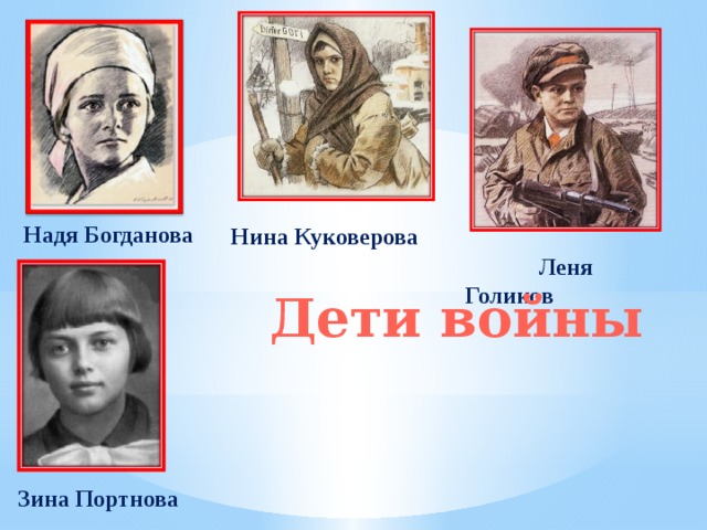 Надя Богданова Нина Куковерова  Леня Голиков Дети войны Зина Портнова 