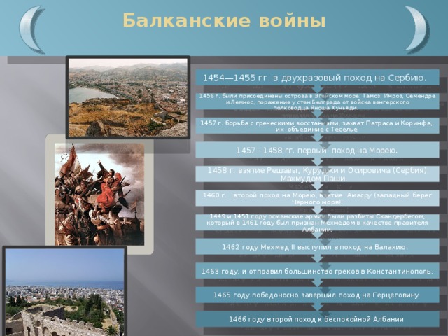  Балканские войны   1465 году победоносно завершил поход на Герцеговину 1463 году, и отправил большинство греков в Константинополь. 1462 году Мехмед II выступил в поход на Валахию. 1449 и 1451 году османские армии были разбиты Скандербегом, который в 1461 году был признан Мехмедом в качестве правителя Албании. 1460 г. второй поход на Морею, взятие Амасру (западный берег Чёрного моря). 1458 г. взятие Решавы, Куруджи и Осировича (Сербия) Махмудом Паши. 1457 - 1458 гг. первый поход на Морею. 1457 г. борьба с греческими восстаниями, захват Патраса и Коринфа, их объединие с Теселье. 1456 г. были присоединены острова в Эгейском море: Тамоз, Имроз, Семендре и Лемнос, поражение у стен Белграда от войска венгерского полководца Яноша Хуньяди.  1454—1455 гг. в двухразовый поход на Сербию. 1466 году второй поход к беспокойной Албании 