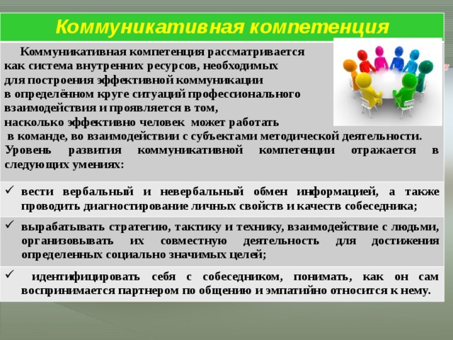 Коммуникативная компетенция  Коммуникативная компетенция рассматривается как система внутренних ресурсов, необходимых вести вербальный и невербальный обмен информацией, а также проводить диагностирование личных свойств и качеств собеседника; вырабатывать стратегию, тактику и технику, взаимодействие с людьми, организовывать их совместную деятельность для достижения определенных социально значимых целей; для построения эффективной коммуникации  идентифицировать себя с собеседником, понимать, как он сам воспринимается партнером по общению и эмпатийно относится к нему. в определённом круге ситуаций профессионального взаимодействия и проявляется в том, насколько эффективно человек может работать  в команде, во взаимодействии с субъектами методической деятельности. Уровень развития коммуникативной компетенции отражается в следующих умениях: 
