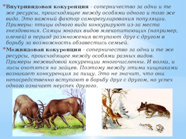 Внутривидовая кокуренция - соперничество за одни и те же ресурсы, происходящее между особями одного и того же вида. Это важный фактор саморегулирования популяции. Примеры: птицы одного вида конкурируют из-за места гнездования. Самцы многих видов млекопитающих (например, оленей) в период размножения вступают друг с другом в борьбу за возможность обзавестись семьей. Межвидовая кокуренция - соперничество за одни и те же ресурсы, происходящее между особями разных видов. Примеры межвидовой кокуренции многочисленны. И волки, и лисы охотятся на зайцев. Поэтому между этими хищниками возникает конкуренция за пищу. Это не значит, что они непосредственно вступают в борьбу друг с другом, но успех одного означает неуспех другого. 