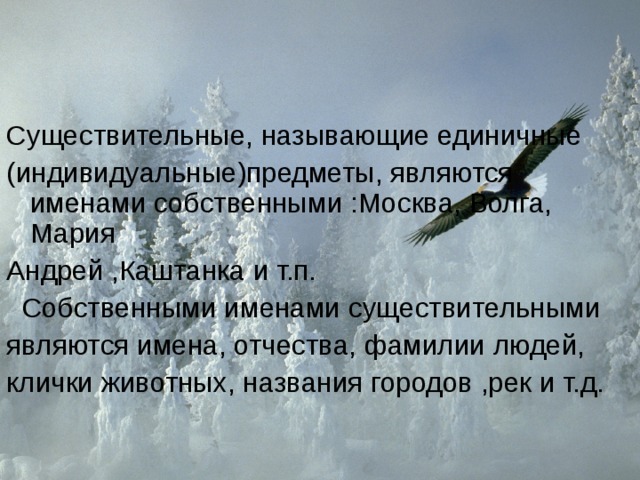 Существительные, называющие единичные (индивидуальные)предметы, являются именами собственными :Москва, Волга, Мария Андрей ,Каштанка и т.п.  Собственными именами существительными являются имена, отчества, фамилии людей, клички животных, названия городов ,рек и т.д. 