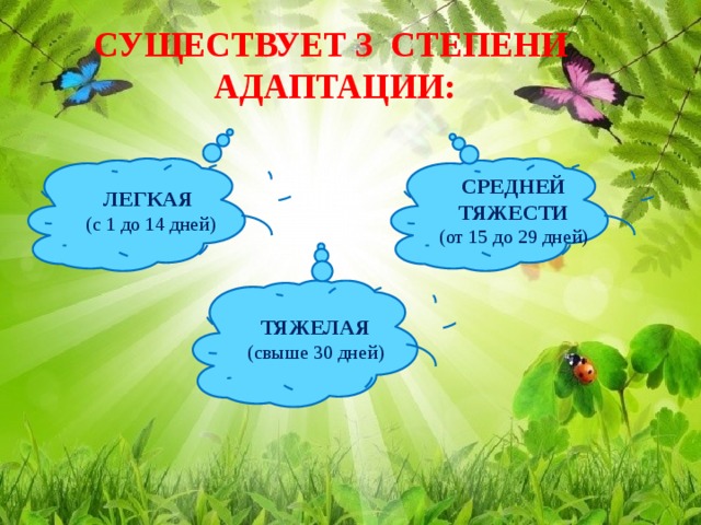 СУЩЕСТВУЕТ 3 СТЕПЕНИ АДАПТАЦИИ:     СРЕДНЕЙ ТЯЖЕСТИ ЛЕГКАЯ (от 15 до 29 дней) (с 1 до 14 дней) ТЯЖЕЛАЯ (свыше 30 дней) 