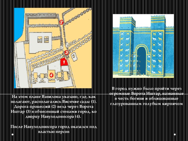 В город нужно было пройти через огромные Ворота Иштар, названные в честь богини и облицованные глазурованным голубым кирпичом На этом плане Вавилона указано, где, как полагают, располагались Висячие сады (1). Дорога процессий (2) вела через Ворота Иштар (3) в обнесенный стенами город, ко дворцу Навуходоносора (4).  После Навуходоносора город оказался под властью персов 