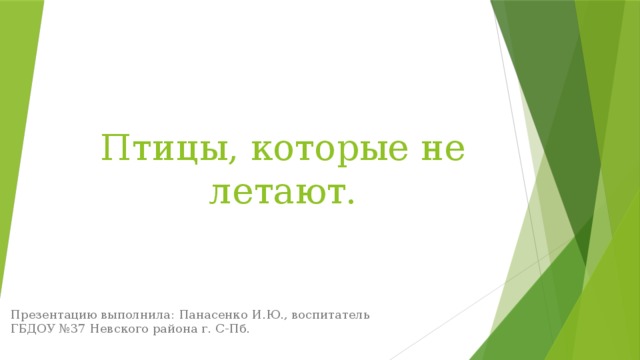 Птицы, которые не летают. Презентацию выполнила: Панасенко И.Ю., воспитатель ГБДОУ №37 Невского района г. С-Пб. 