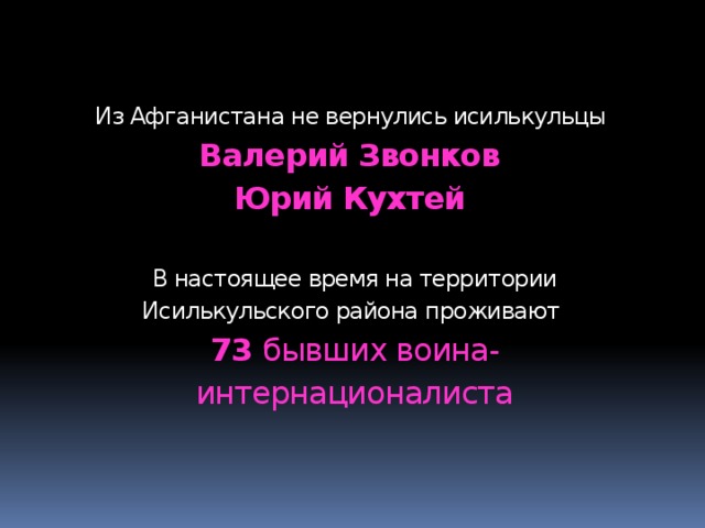  Из Афганистана не вернулись исилькульцы  Валерий Звонков  Юрий Кухтей   В настоящее время на территории Исилькульского района проживают  73 бывших воина-интернационалиста 