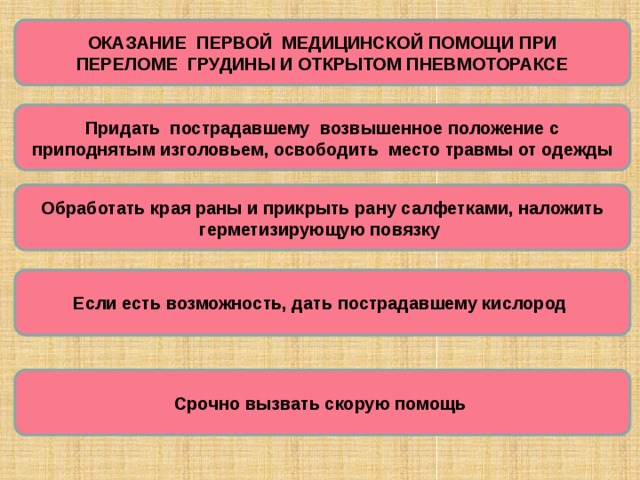 ОКАЗАНИЕ ПЕРВОЙ МЕДИЦИНСКОЙ ПОМОЩИ ПРИ ПЕРЕЛОМЕ ГРУДИНЫ И ОТКРЫТОМ ПНЕВМОТОРАКСЕ Придать пострадавшему возвышенное положение с приподнятым изголовьем, освободить место травмы от одежды Обработать края раны и прикрыть рану салфетками, наложить герметизирующую повязку Если есть возможность, дать пострадавшему кислород Срочно вызвать скорую помощь 