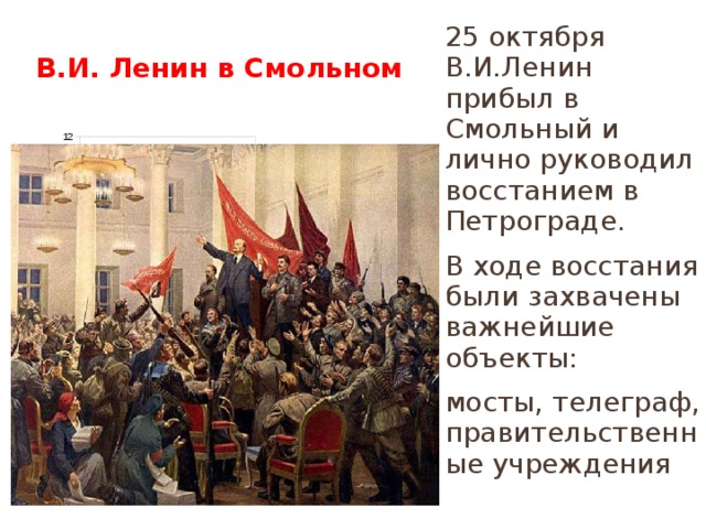 25 октября В.И.Ленин прибыл в Смольный и лично руководил восстанием в Петрограде. В ходе восстания были захвачены важнейшие объекты: мосты, телеграф, правительственные учреждения В.И. Ленин в Смольном  
