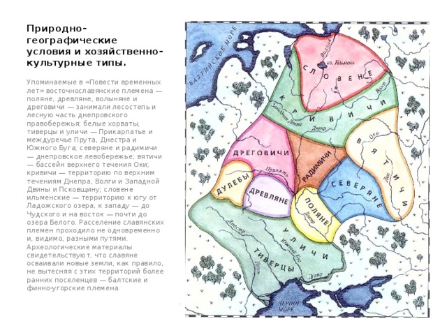 Природно-географические условия и хозяйственно-культурные типы. Упоминаемые в «Повести временных лет» восточнославянские племена — поляне, древляне, волыняне и дреговичи — занимали лесостепь и лесную часть днепровского правобережья; белые хорваты, тиверцы и уличи — Прикарпатье и междуречье Прута, Днестра и Южного Буга; северяне и радимичи — днепровское левобережье; вятичи — бассейн верхнего течения Оки; кривичи — территорию по верхним течениям Днепра, Волги и Западной Двины и Псковщину; словене ильменские — территорию к югу от Ладожского озера, к западу — до Чудского и на восток — почти до озера Белого. Расселение славянских племен проходило не одновременно и, видимо, разными путями. Археологические материалы свидетельствуют, что славяне осваивали новые земли, как правило, не вытесняя с этих территорий более ранних поселенцев — балтские и финно-угорские племена. 