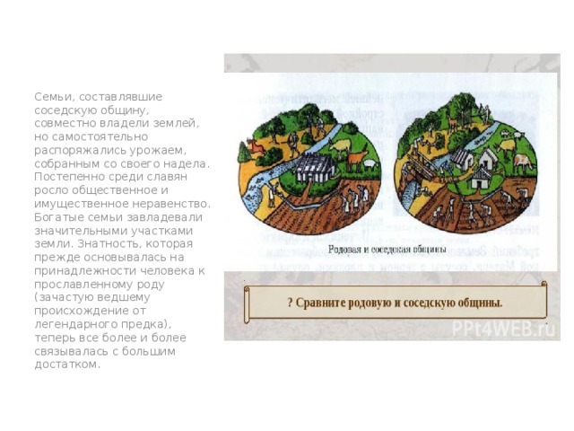 Семьи, составлявшие соседскую общину, совместно владели землей, но самостоятельно распоряжались урожаем, собранным со своего надела. Постепенно среди славян росло общественное и имущественное неравенство. Богатые семьи завладевали значительными участками земли. Знатность, которая прежде основывалась на принадлежности человека к прославленному роду (зачастую ведшему происхождение от легендарного предка), теперь все более и более связывалась с большим достатком. тт 