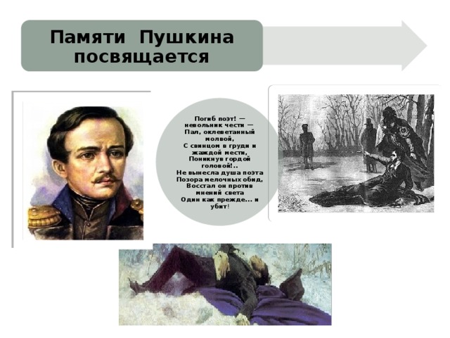 Памяти Пушкина посвящается Погиб поэт! — невольник чести —   Пал, оклеветанный молвой,  С свинцом в груди и жаждой мести,  Поникнув гордой головой!..  Не вынесла душа поэта  Позора мелочных обид,  Восстал он против мнений света  Один как прежде... и убит ! 