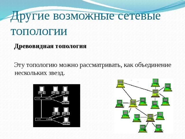 Другие возможные сетевые топологии  Древовидная топология  Эту топологию можно рассматривать, как объединение нескольких звезд. 