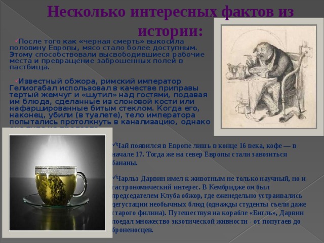 Несколько интересных фактов из истории: После того как «черная смерть» выкосила половину Европы, мясо стало более доступным. Этому способствовали высвободившиеся рабочие места и превращение заброшенных полей в пастбища. Известный обжора, римский император Гелиогабал использовал в качестве приправы тертый жемчуг и «шутил» над гостями, подавая им блюда, сделанные из слоновой кости или нафаршированные битым стеклом. Когда его, наконец, убили (в туалете), тело императора попытались протолкнуть в канализацию, однако оно туда не пролезло. Чай появился в Европе лишь в конце 16 века, кофе — в начале 17. Тогда же на север Европы стали завозиться бананы. Чарльз Дарвин имел к животным не только научный, но и гастрономический интерес. В Кембридже он был председателем Клуба обжор, где еженедельно устраивались дегустации необычных блюд (однажды студенты съели даже старого филина). Путешествуя на корабле «Бигль», Дарвин поедал множество экзотической живности - от попугаев до броненосцев. 