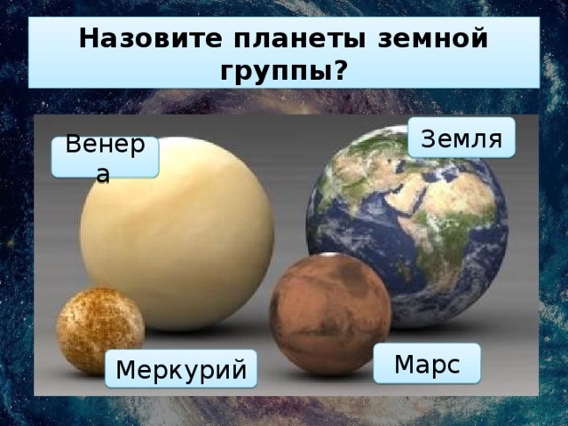 Назовите планеты земной группы? Земля Венера  Марс Меркурий 