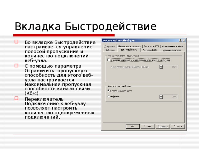 Вкладка Быстродействие Во вкладке Быстродействие настраивается управление полосой пропускания и количество подключений веб-узла. С помощью параметра Ограничить пропускную способность для этого веб-узла настраивается максимальная пропускная способность канала связи (Кб/с) Переключатель Подключение к веб-узлу позволяет настроить количество одновременных подключений. 
