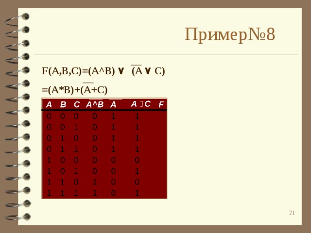Пример№8 F(A,B,C)=(A^B) ۷  (A ۷  C) =(A*B)+(A+C) ۷ C  