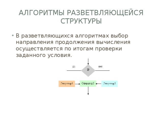Алгоритмы разветвляющейся структуры В разветвляющихся алгоритмах выбор направления продолжения вычисления осуществляется по итогам проверки заданного условия. 
