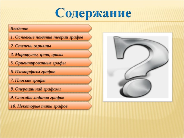 Введение 1. Основные понятия теории графов 2. Степень вершины 3. Маршруты, цепи, циклы 5. Ориентированные графы 6. Изоморфизм графов 7.  Плоские графы 8. Операции над графами 9. Способы задания графов 10. Некоторые типы графов  