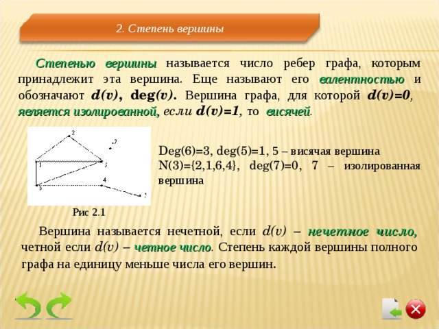 2 . Степень вершины Степенью вершины  называется число ребер графа, которым принадлежит эта вершина. Еще называют его валентностью и обозначают d(v) , deg (v). Вершина графа, для которой d(v)=0 ,  является изолированной , если d(v)=1 , то  висячей . Deg(6)=3, deg(5)=1, 5 – висячая вершина N(3)= { 2,1,6,4 } , deg(7)=0, 7 – изолированная вершина Рис 2.1 Вершина называется нечетной, если d(v) – нечетное число, четной если d(v) – четное число . Степень каждой вершины полного графа на единицу меньше числа его вершин . 