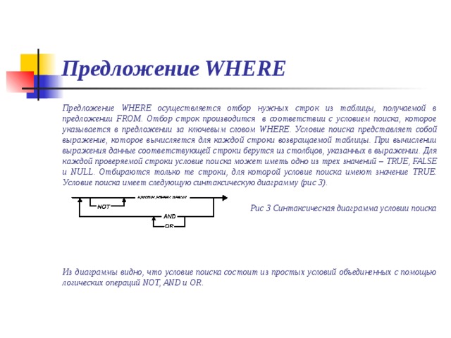 Предложение WHERE Предложение WHERE осуществляется отбор нужных строк из таблицы, получаемой в предложении FROM. Отбор строк производится в соответствии с условием поиска, которое указывается в предложении за ключевым словом WHERE. Условие поиска представляет собой выражение, которое вычисляется для каждой строки возвращаемой таблицы. При вычислении выражения данные соответствующей строки берутся из столбцов, указанных в выражении. Для каждой проверяемой строки условие поиска может иметь одно из трех значений – TRUE, FALSE и NULL. Отбираются только те строки, для которой условие поиска имеют значение TRUE. Условие поиска имеет следующую синтаксическую диаграмму (рис 3).  Рис 3 Синтаксическая диаграмма условии поиска     Из диаграммы видно, что условие поиска состоит из простых условий объединенных с помощью логических операций NOT, AND и OR .   