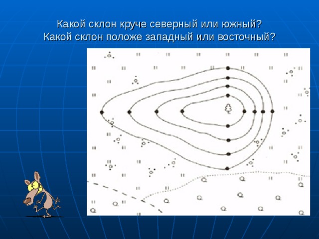 Какой склон круче северный или южный?  Какой склон положе западный или восточный? 
