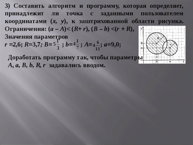 3) Составить алгоритм и программу, которая определяет, принадлежит ли точка с заданными пользователем координатами ( х,  у ), к заштрихованной области рисунка. Ограничения: ( a – A ) R + r ), ( B – b )  r + R ), Значения параметров r  =2,6; R =3,7 ; B = ;  b = ; A = ; a =9,0; Доработать программу так, чтобы параметры A , a , B , b , R , r  задавались вводом.  