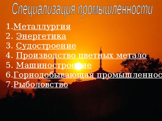 1. Металлургия 2. Энергетика 3. Судостроение 4. Производство цветных метало 5.  Машиностроение 6. Горнодобывающая промышленность. 7. Рыболовство 