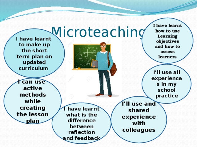 Microteaching  I have learnt how to use Learning objectives and how to assess learners  I have learnt to make up the short term plan on updated curriculum  I’ll use all experiences in my school practice I can use active methods while creating the lesson plan  I’ll use and shared experience with colleagues I have learnt what is the difference between reflection and feedback 