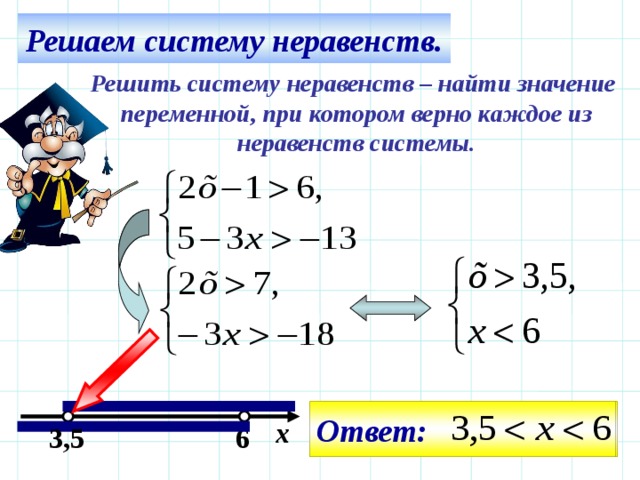 Решаем систему неравенств. Решить систему неравенств – найти значение переменной, при котором верно каждое из неравенств системы. Ответ: Ответ: х 3,5 6 