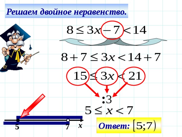 Решаем двойное неравенство. : 3 Ответ: х  5 7 