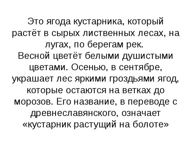 Это ягода кустарника, который растёт в сырых лиственных лесах, на лугах, по берегам рек.  Весной цветёт белыми душистыми цветами. Осенью, в сентябре, украшает лес яркими гроздьями ягод, которые остаются на ветках до морозов. Его название, в переводе с древнеславянского, означает «кустарник растущий на болоте» 