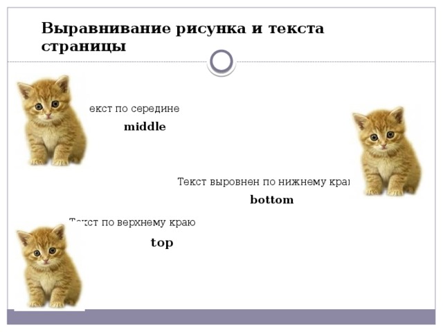 Выравнивание рисунка и текста страницы Текст по середине middle Текст выровнен по нижнему краю bottom Текст по верхнему краю  top 