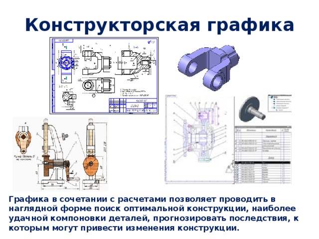 Конструкторская графика Графика в сочетании с расчетами позволяет проводить в наглядной форме поиск оптимальной конструкции, наиболее удачной компоновки деталей, прогнозировать последствия, к которым могут привести изменения конструкции. 