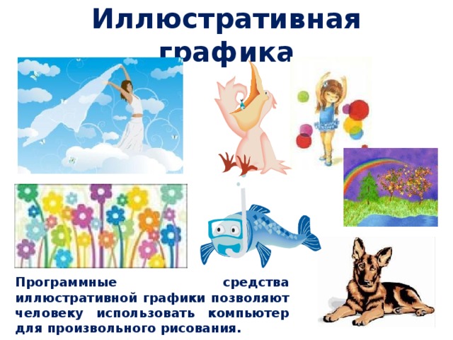 Иллюстративная графика Программные средства иллюстративной графики позволяют человеку использовать компьютер для произвольного рисования. 