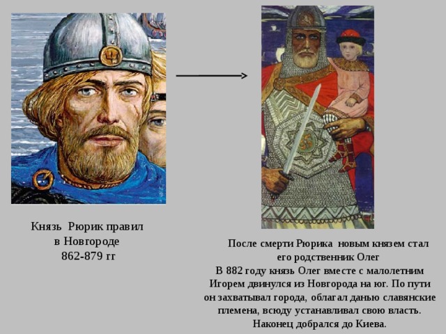 Князь Рюрик правил в Новгороде 862-879 гг После смерти Рюрика новым князем стал его родственник Олег В 882 году князь Олег вместе с малолетним Игорем двинулся из Новгорода на юг. По пути он захватывал города, облагал данью славянские племена, всюду ус­танавливал свою власть. Наконец добрался до Киева. 
