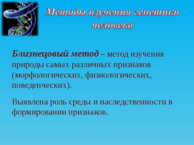 Близнецовый метод   – метод изучения природы самых различных признаков (морфологических, физиологических, поведенческих). Выявлена роль среды и наследственности в формировании признаков.