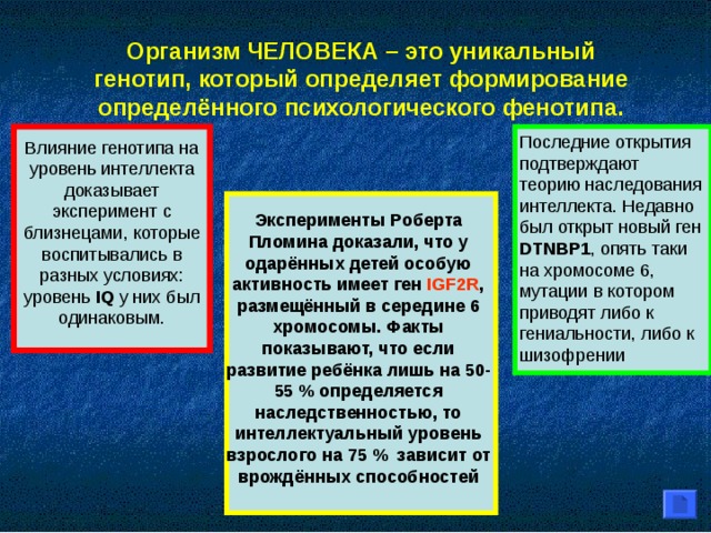 Организм ЧЕЛОВЕКА – это уникальный генотип, который определяет формирование определённого психологического фенотипа. Последние открытия подтверждают теорию наследования интеллекта. Недавно был открыт новый ген DTNBP 1 , опять таки на хромосоме 6, мутации в котором приводят либо к гениальности, либо  к шизофрении Влияние генотипа на уровень интеллекта доказывает эксперимент с близнецами, которые воспитывались в разных условиях: уровень  IQ  у них был одинаковым. Эксперименты Роберта Пломина доказали, что у одарённых детей особую активность имеет ген IGF 2 R , размещённый в середине 6 хромосомы. Факты показывают, что если развитие ребёнка лишь на 50-55 % определяется наследственностью, то интеллектуальный уровень взрослого на 75 % зависит от врождённых способностей