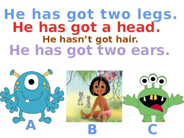 He has got two legs.  He hasn’t got hair. He has got a head. He has got two ears. He has got four arms A B C 