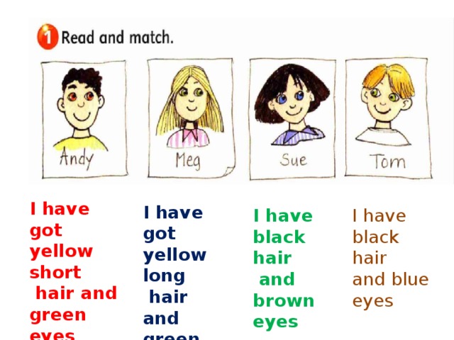 Parts of the body I have got yellow short  hair and green eyes I have got yellow long  hair and green eyes I have black hair I have black hair  and brown eyes and blue eyes 