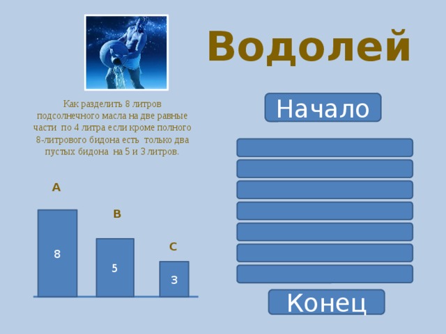  Водолей Как разделить 8 литров подсолнечного масла на две равные части по 4 литра если кроме полного 8-литрового бидона есть только два пустых бидона на 5 и 3 литров. Начало А В 8 С 5 3 Конец 