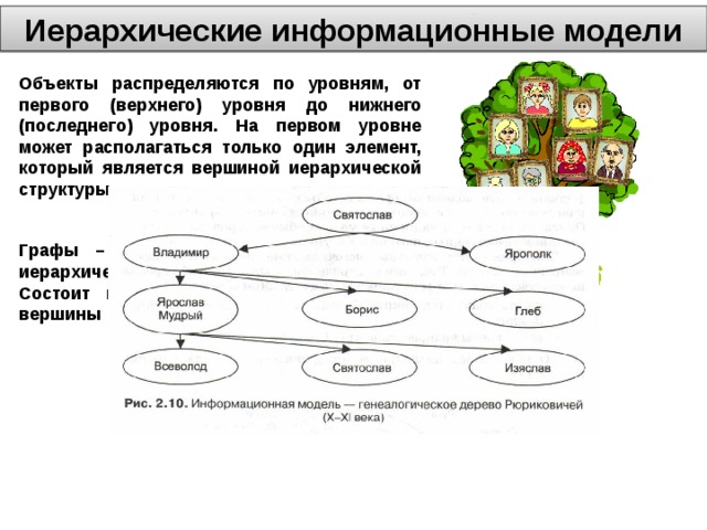 Иерархические информационные модели Объекты распределяются по уровням, от первого (верхнего) уровня до нижнего (последнего) уровня. На первом уровне может располагаться только один элемент, который является вершиной иерархической структуры Графы – наглядный способ представления иерархической информационной модели. Состоит из вершин и дуг, соединяющих вершины 