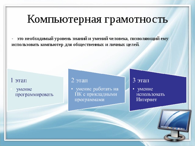 Компьютерная грамотность - это необходимый уровень знаний и умений человека, позволяющий ему использовать компьютер для общественных и личных целей. 