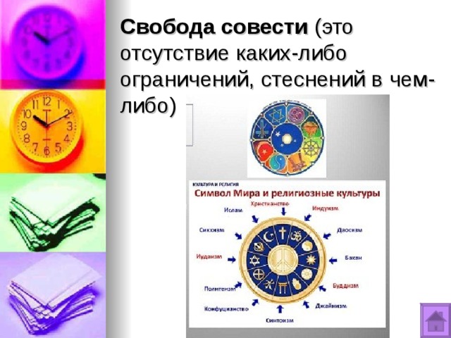 Свобода совести (это отсутствие каких-либо ограничений, стеснений в чем-либо) 