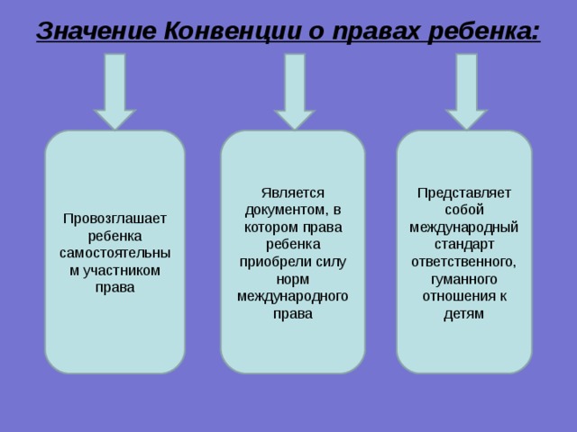 Значение Конвенции о правах ребенка: Провозглашает ребенка самостоятельным участником права Является документом, в котором права ребенка приобрели силу норм международного права Представляет собой международный стандарт ответственного, гуманного отношения к детям 