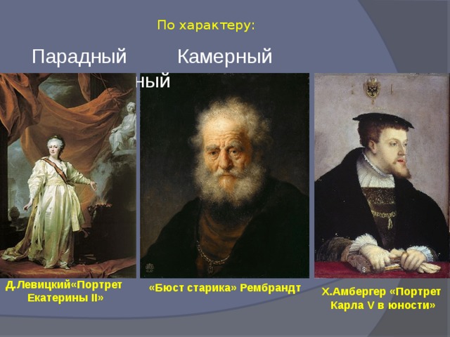 По характеру:   Парадный Камерный Полупарадный Д.Левицкий«Портрет Екатерины II» «Бюст старика» Рембрандт Х.Амбергер «Портрет Карла V в юности» 