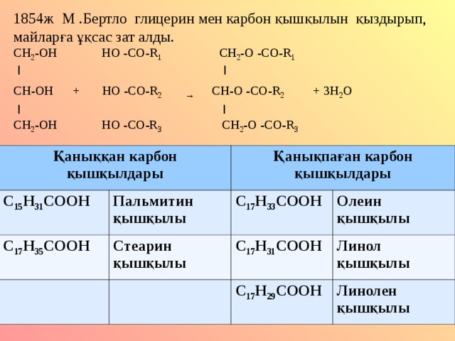 1854ж М .Бертло глицерин мен карбон қышқылын қыздырып, майларға ұқсас зат алды. CH 2 -O Н НО -CO-R 1   CH 2 -O  -CO-R 1   I  I CH- ОН + НО -CO-R 2  →  CH- О -CO-R 2  +  3Н 2 О  I I CH 2 -OН НО -CO-R 3 CH 2 -O -CO-R 3  Қаныққан карбон қышқылдары С 15 Н 31 СООН С 17 Н 35 СООН Қанықпаған карбон қышқылдары Пальмитин қышқылы С 17 Н 33 СООН Стеарин қышқылы Олеин қышқылы С 17 Н 31 СООН Линол қышқылы С 17 Н 29 СООН Линолен қышқылы 