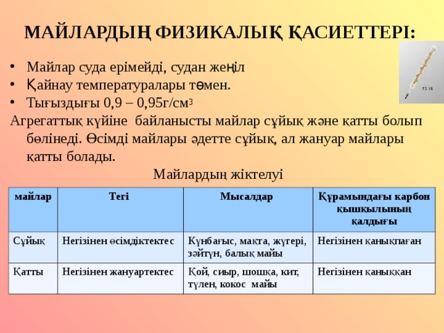 МАЙЛАРДЫҢ ФИЗИКАЛЫҚ ҚАСИЕТТЕРІ: Майлар суда ерімейді, судан жеңіл Қайнау температуралары төмен. Тығыздығы 0,9 – 0,95г/см 3 Агрегатты қ күйіне байланысты майлар сұйық және қатты болып бөлінеді. Өсімді майлары әдетте сұйық, ал жануар майлары қатты болады. Майлардың жіктелуі майлар Тегі Сұйық Мысалдар Қатты Негізінен өсімдіктектес Құрамындағы карбон қышқылының қалдығы Күнбағыс, мақта, жүгері, зәйтүн, балық майы Негізінен жануартектес Негізінен қанықпаған Қой, сиыр, шошқа, кит, түлен, кокос майы Негізінен қаныққан 