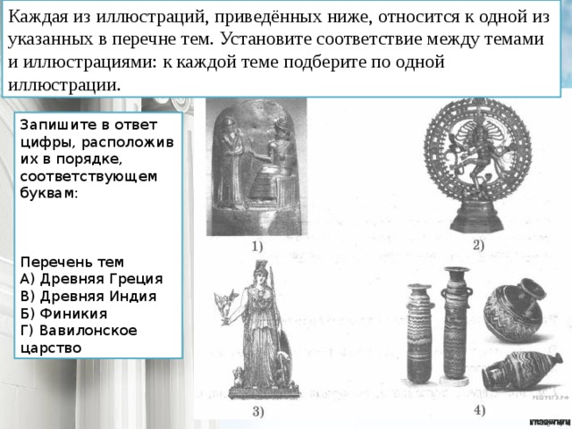Каждая из иллюстраций, приведённых ниже, относится к одной из указанных в перечне тем. Установите соответствие между темами и иллюстрациями: к каждой теме подберите по одной иллюстрации. Запишите в ответ цифры, расположив их в порядке, соответствующем буквам:  ￼  ￼  ￼ Перечень тем А) Древняя Греция В) Древняя Индия Б) Финикия Г) Вавилонское царство 